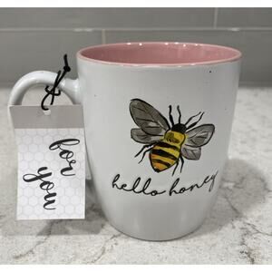 HELLO HONEY Bee Pink Heartland Hive Mug 16oz 2 Side Embossed Knees You Gift Tag